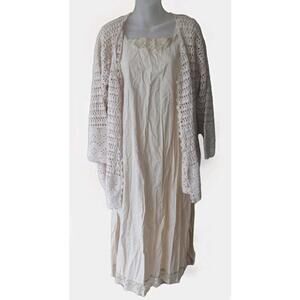 Cottagecore Crochet Cardigan + Lace Trim Prairie Dress Nightgown Bundle XL Beige